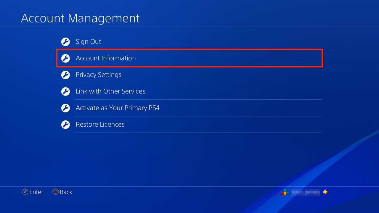 Screenshot of Account information option in PS4 settings