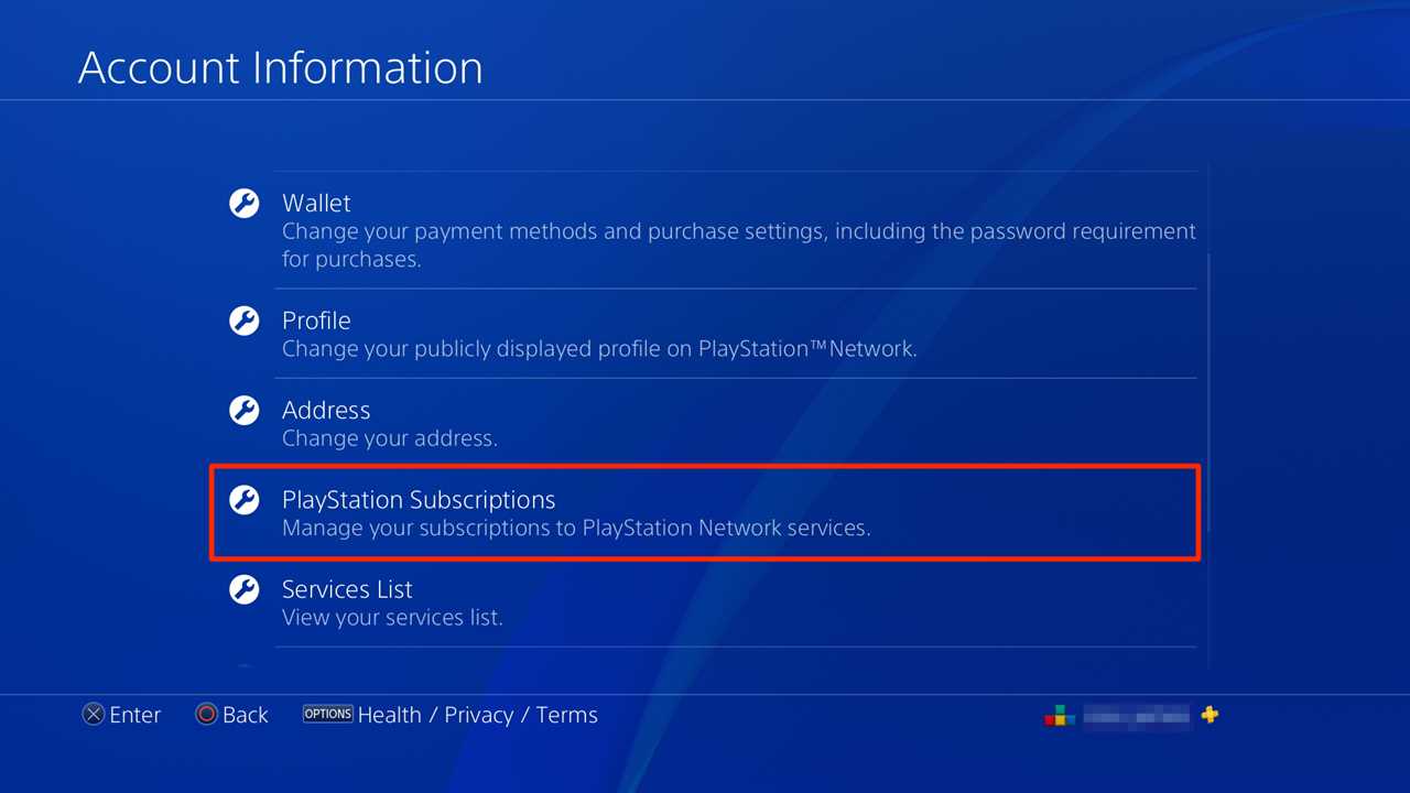 Screenshot of PlayStation Subscriptions option