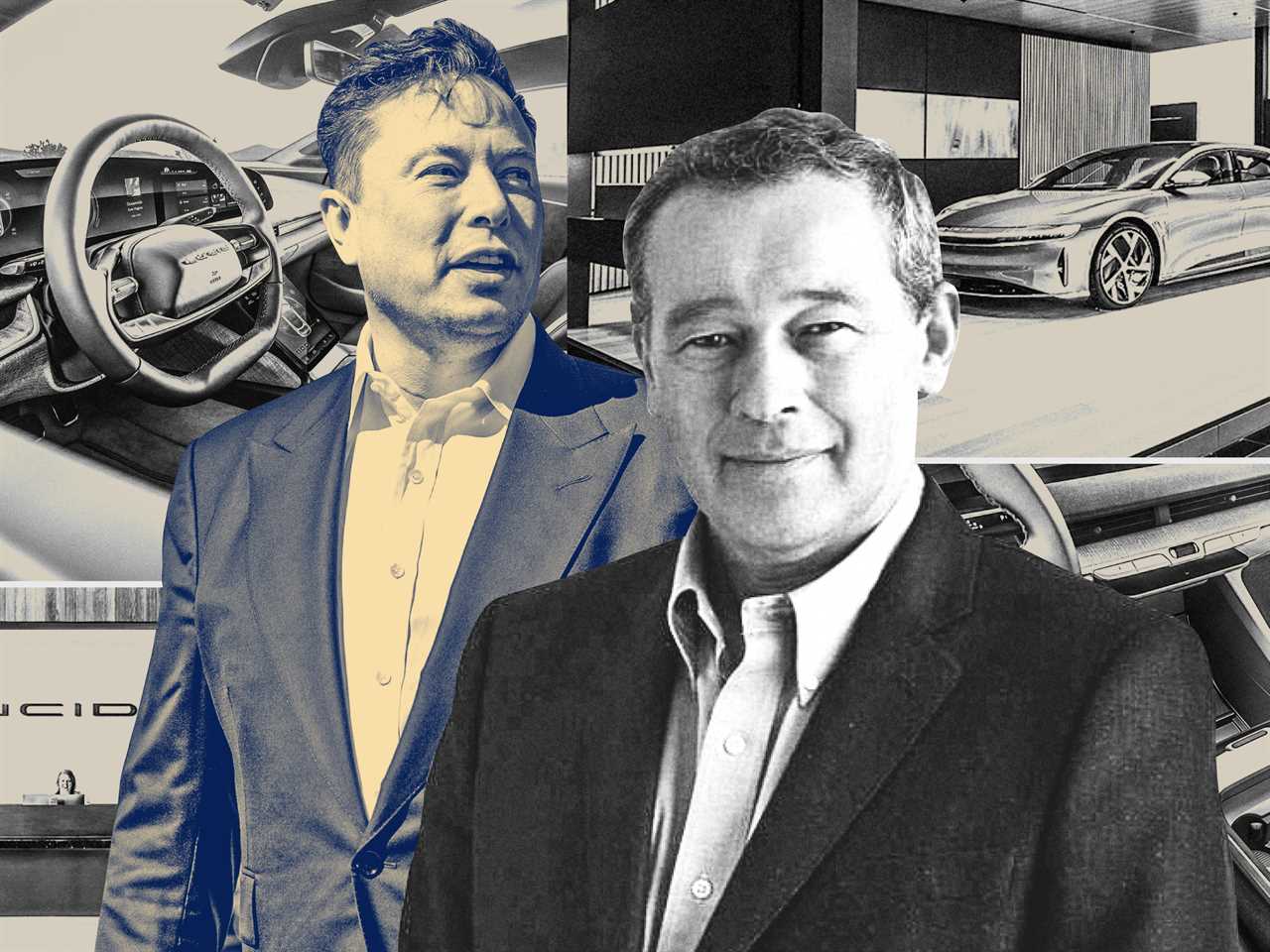 Elon Musk glaring at Lucid CEO, Peter Rawlinson, with photos of Lucid headquarters behind them.