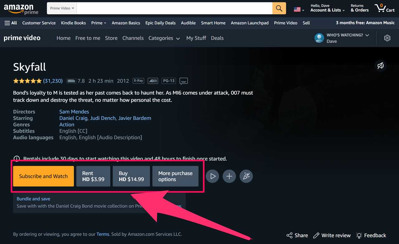 Screenshot of the Amazon Prime Video rental page on website