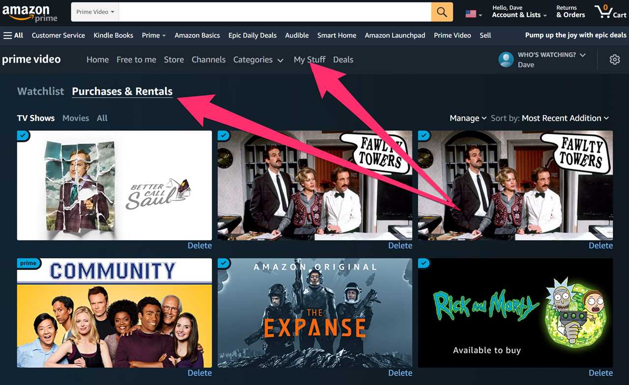 Screenshot of the Rentals & Purchases page on the Amazon Prime Video website