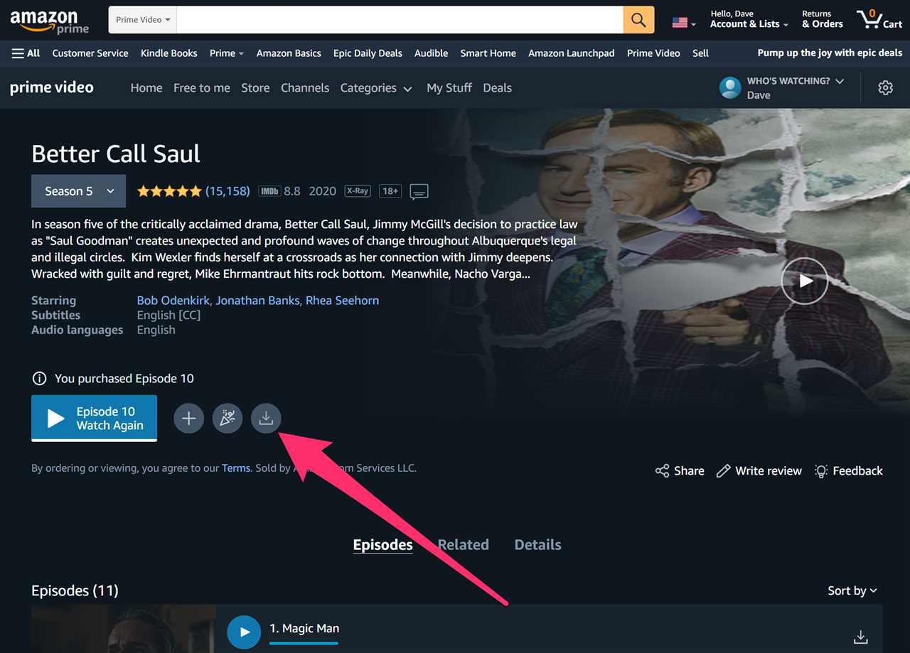 Screenshot of the download button on the Amazon Prime Video website
