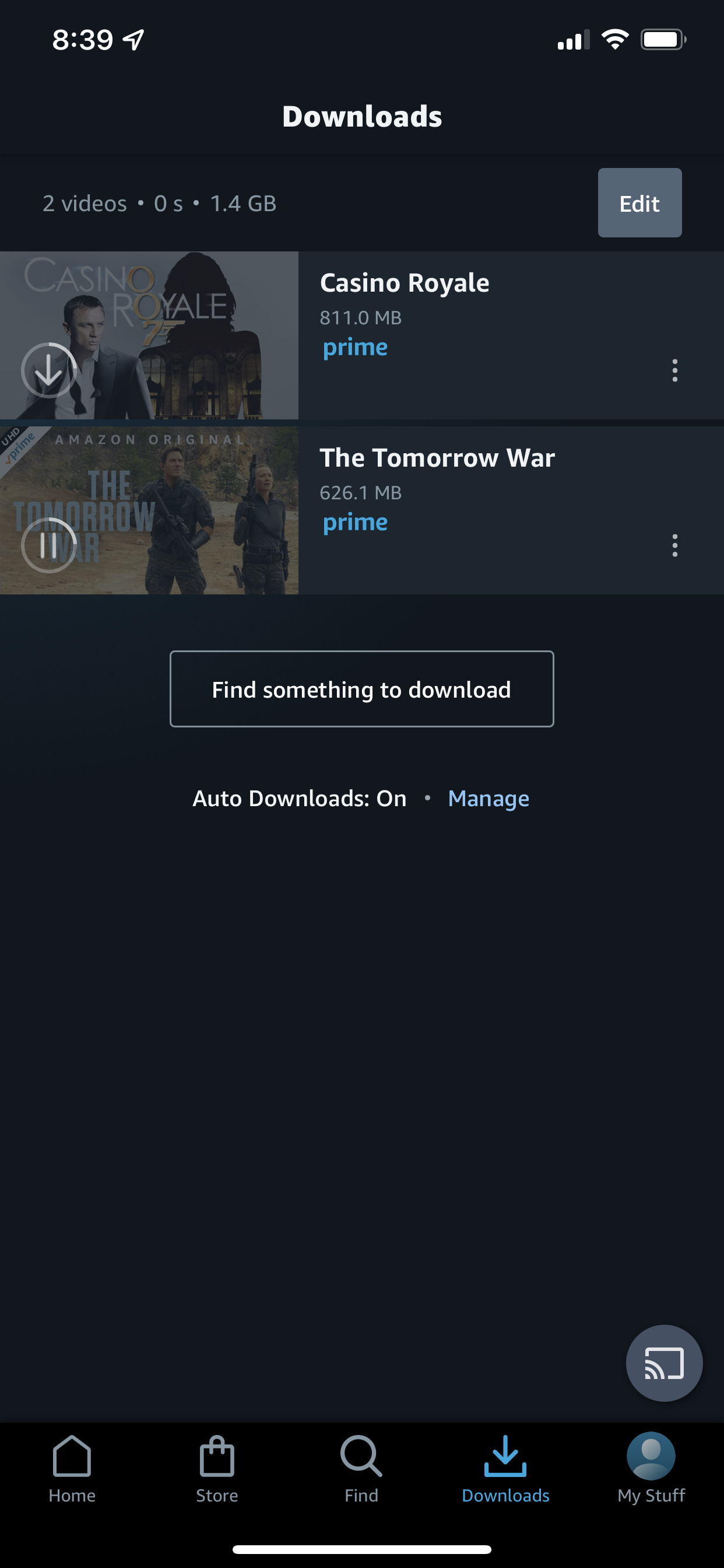 Screenshot of the Downloads page on the Amazon Prime Video app