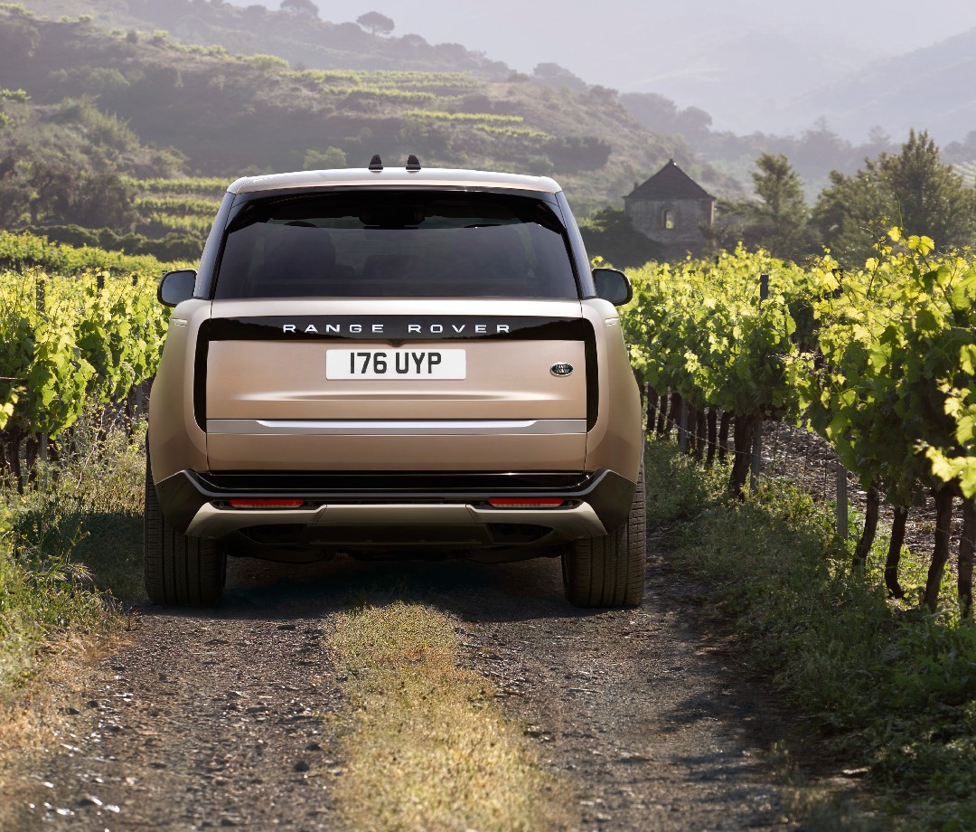 Rear view of 2022 Range Rover on a dirt road in a California vineyard