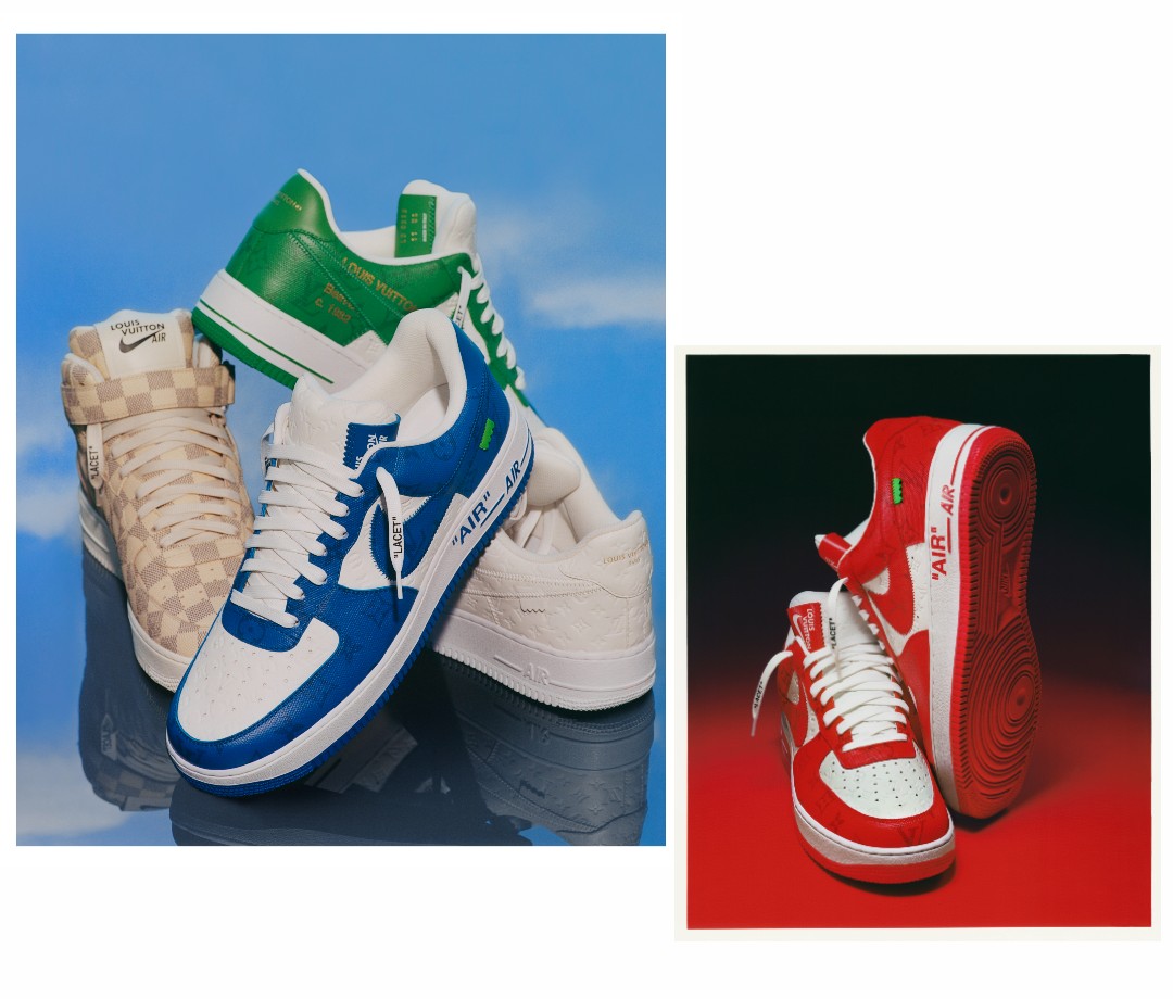 Red, green, blue, and tan checkered Air Force 1 sneakers