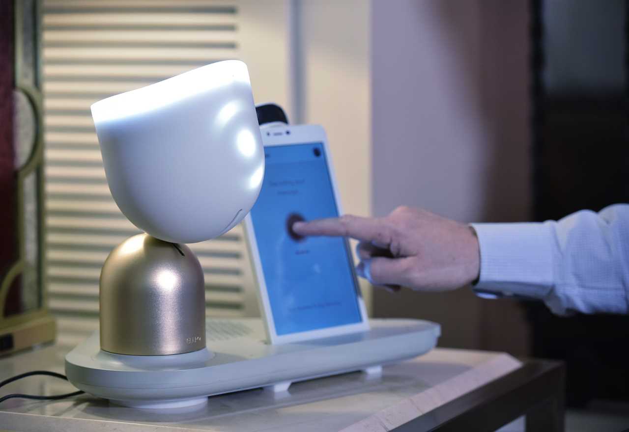 The ElliQ social robot by Intuition Robotics is seen at the Venetian during CES 2018 in Las Vegas on January 10, 2018.