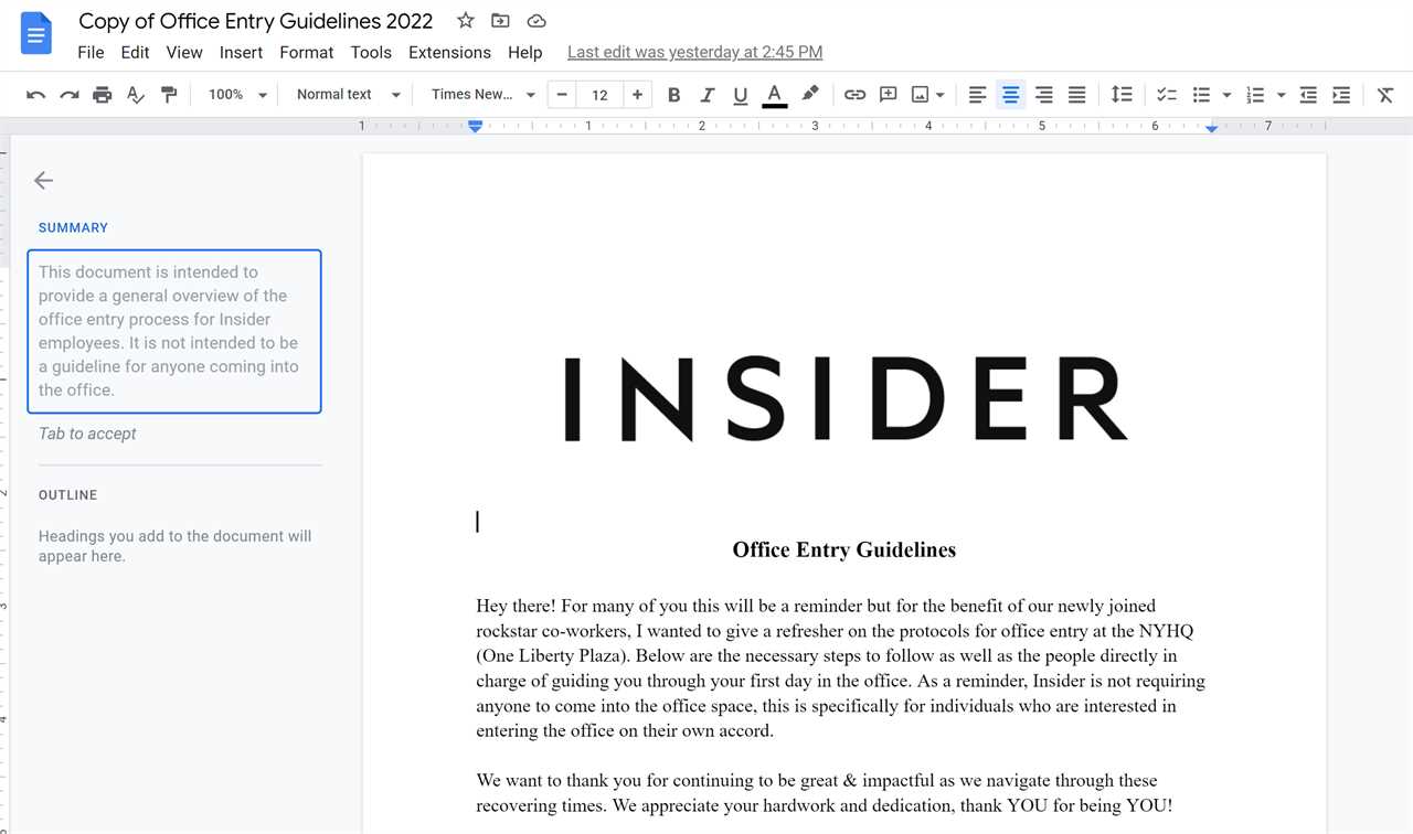 An automatically generated summary for a Google Doc.