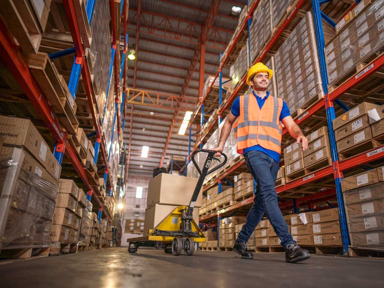 A man moving boxes in a warehouse