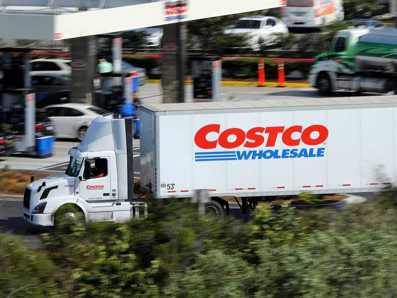 A Costco truck makes a delivery to a Costco store in Carlsbad, California.