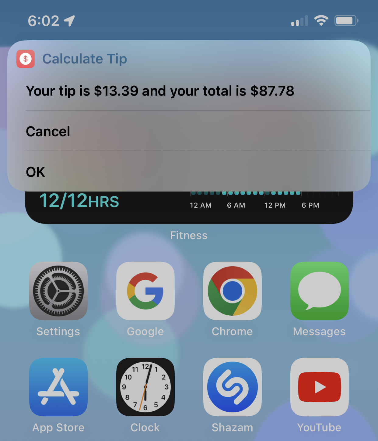 The Calculate Tip shortcut on iOS.