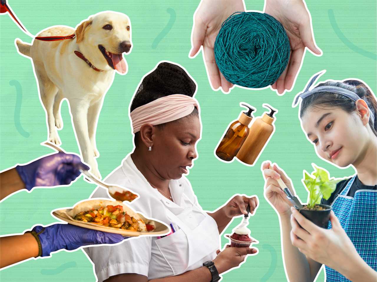 Examples of how to start your business, including dog walking, a food truck, urban farming, hair care, and dyed yarn.