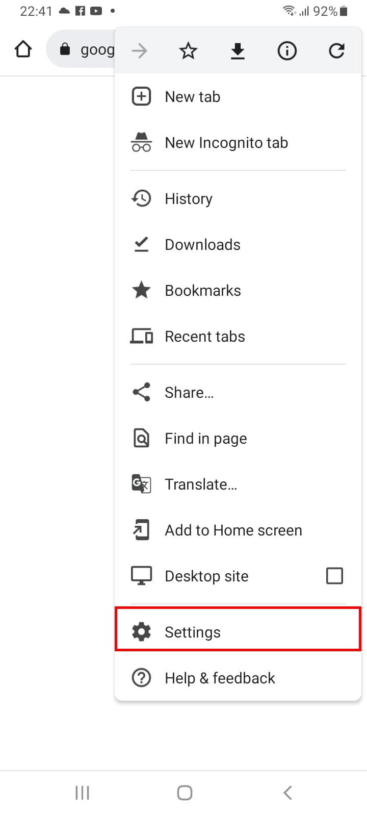 The Google Chrome app on Android, with the three dots on the top right tapped and the “Settings” option highlighted.