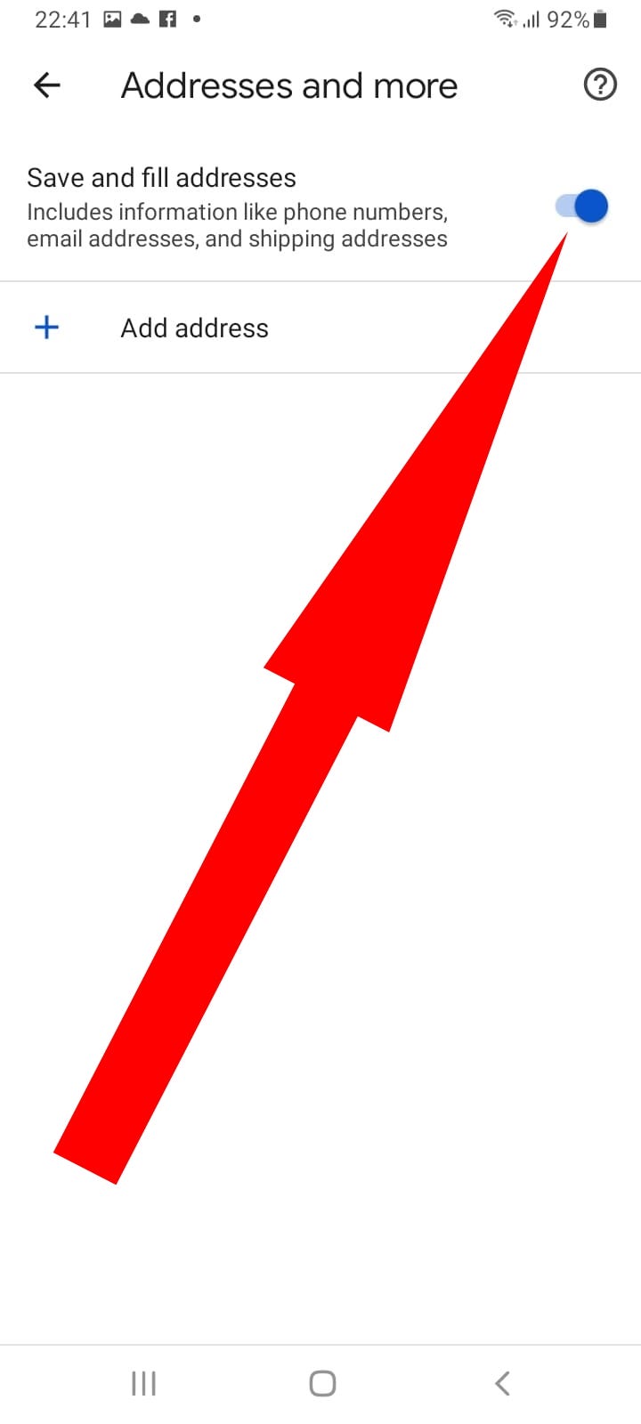 The Google Chrome Android app’s page for managing addresses, with the toggle for “Save and fill addresses” highlighted.