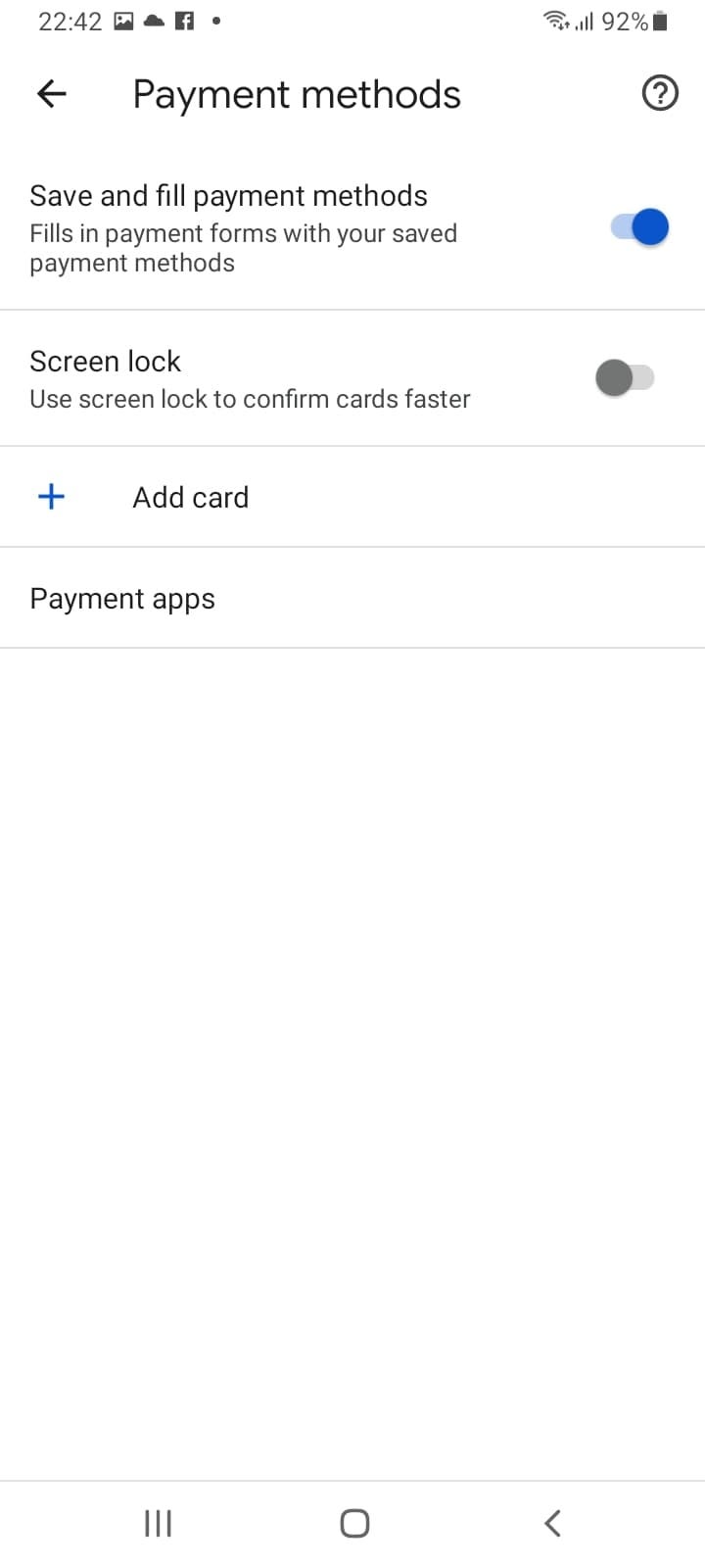 The Google Chrome Android app’s payment method settings on Android.