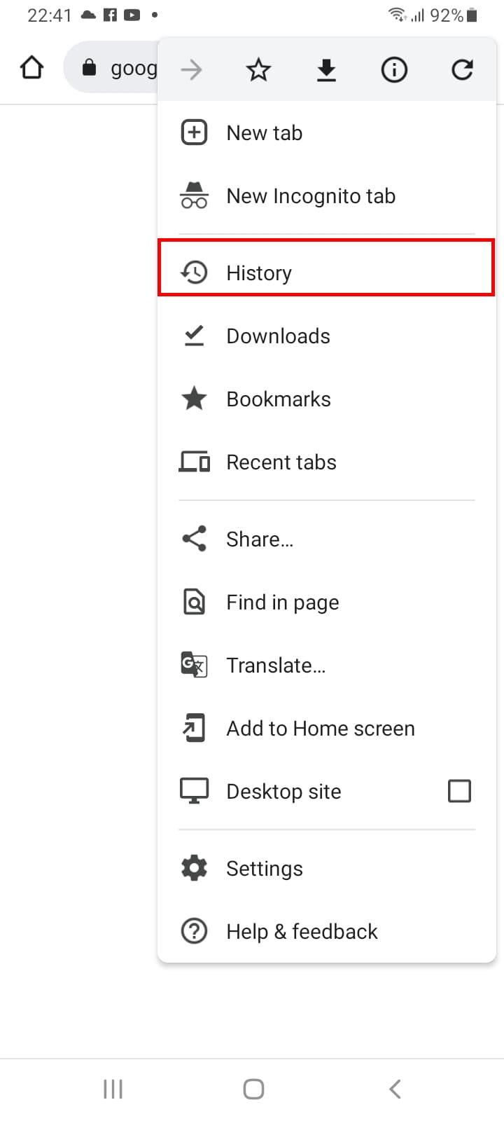 The Google Chrome app on Android, with the three dots on the top right tapped and the “History” option highlighted.