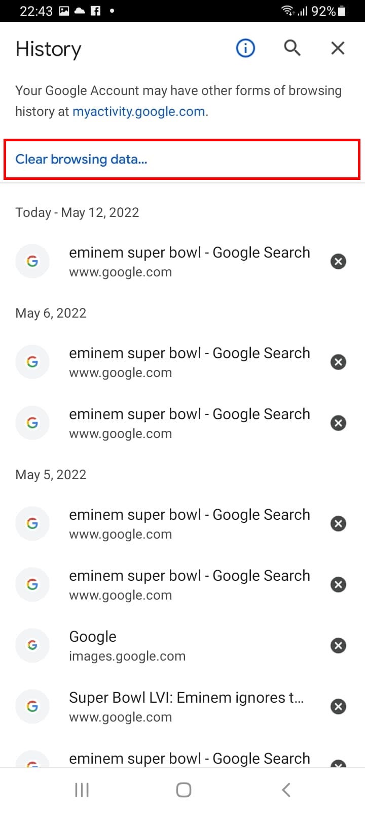 The “History” page in the Google Chrome app for Android, with the “Clear Browsing Data” option highlighted.