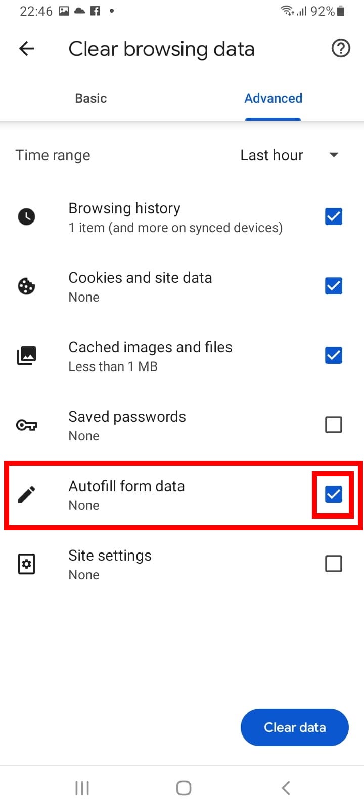 The “Clear Browsing Data” page in the Google Chrome app for Android, with the “Autofill form data” checkbox ticked and highlighted.