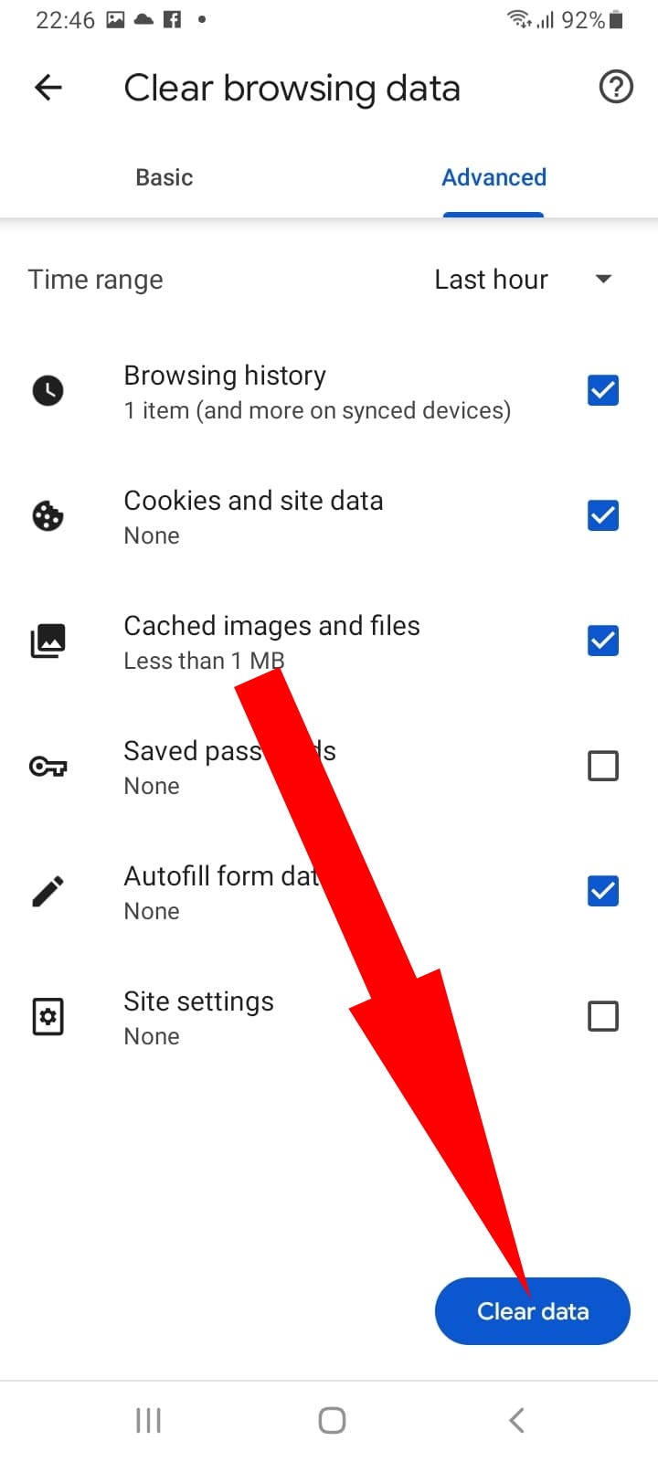 The Clear Browsing Data page in the Google Chrome app for Android, with the “Clear data” button highlighted.