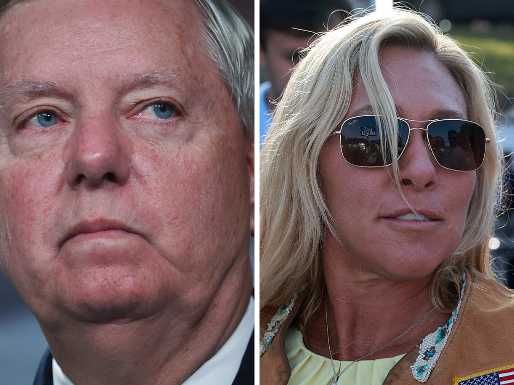 A stitched image of Sen. Lindsey Graham and Rep. Marjorie Taylor Greene