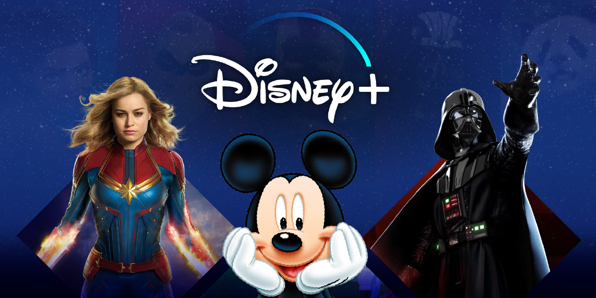Disney Plus logo with Captain Marvel, Mickey Mouse, and Darth Vader