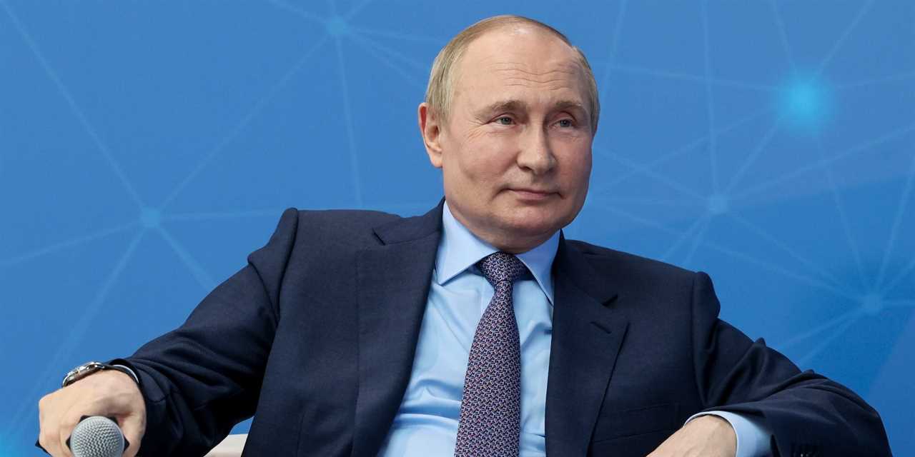 Russian President Vladimir Putin attends a meeting with young entrepreneurs and startup developers on the eve of the St. Petersburg International Economic Forum (SPIEF), at the Technograd Training Complex in Moscow, Russia, Thursday, June 9, 2022.