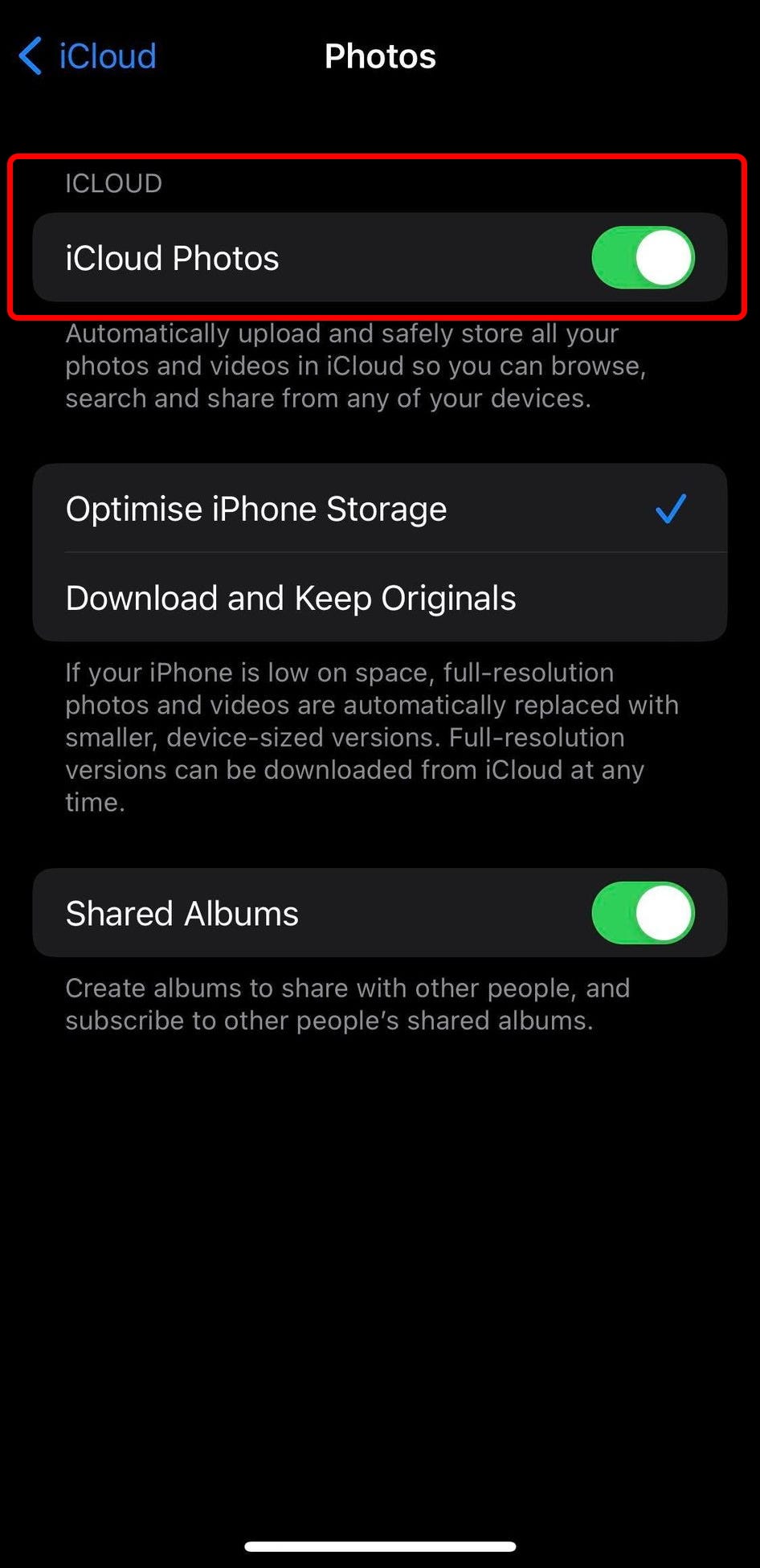 The “iCloud Photos” settings on iPhone, with the toggle for “iCloud Photos” highlighted.