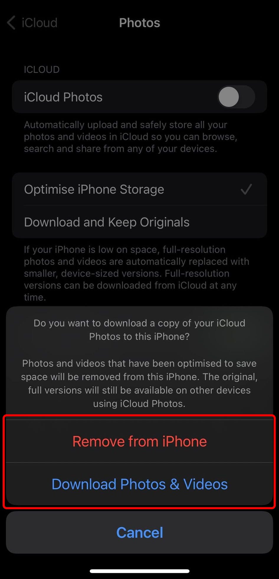A pop-up on an iPhone that shows up when iCloud photo sharing is turned off while the “Optimize iPhone Storage” option is enabled.