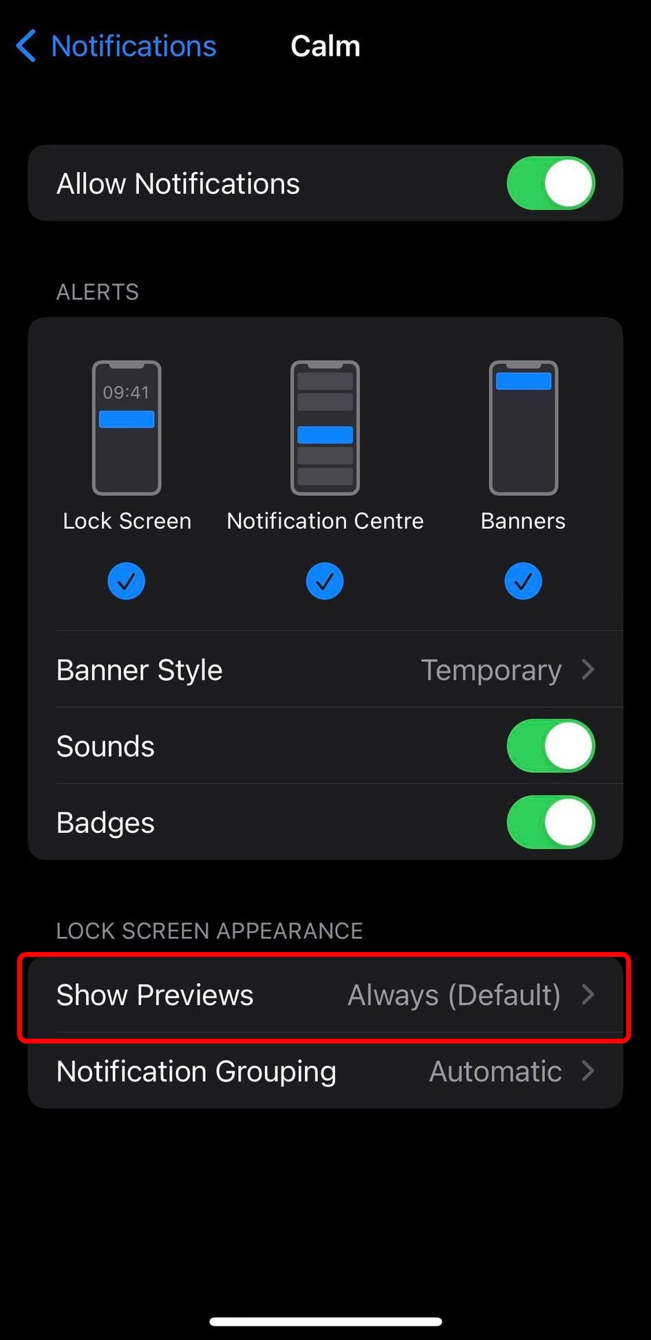The “Show Previews” notification settings on iPhone, with the “Always” option highlighted.
