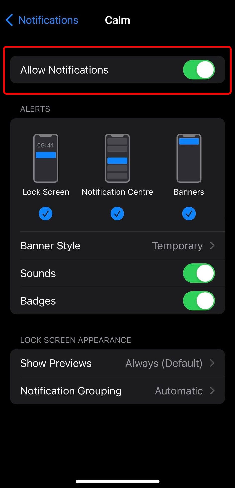 The Calm app’s notification settings, with the toggle next to “Allow Notifications” highlighted.
