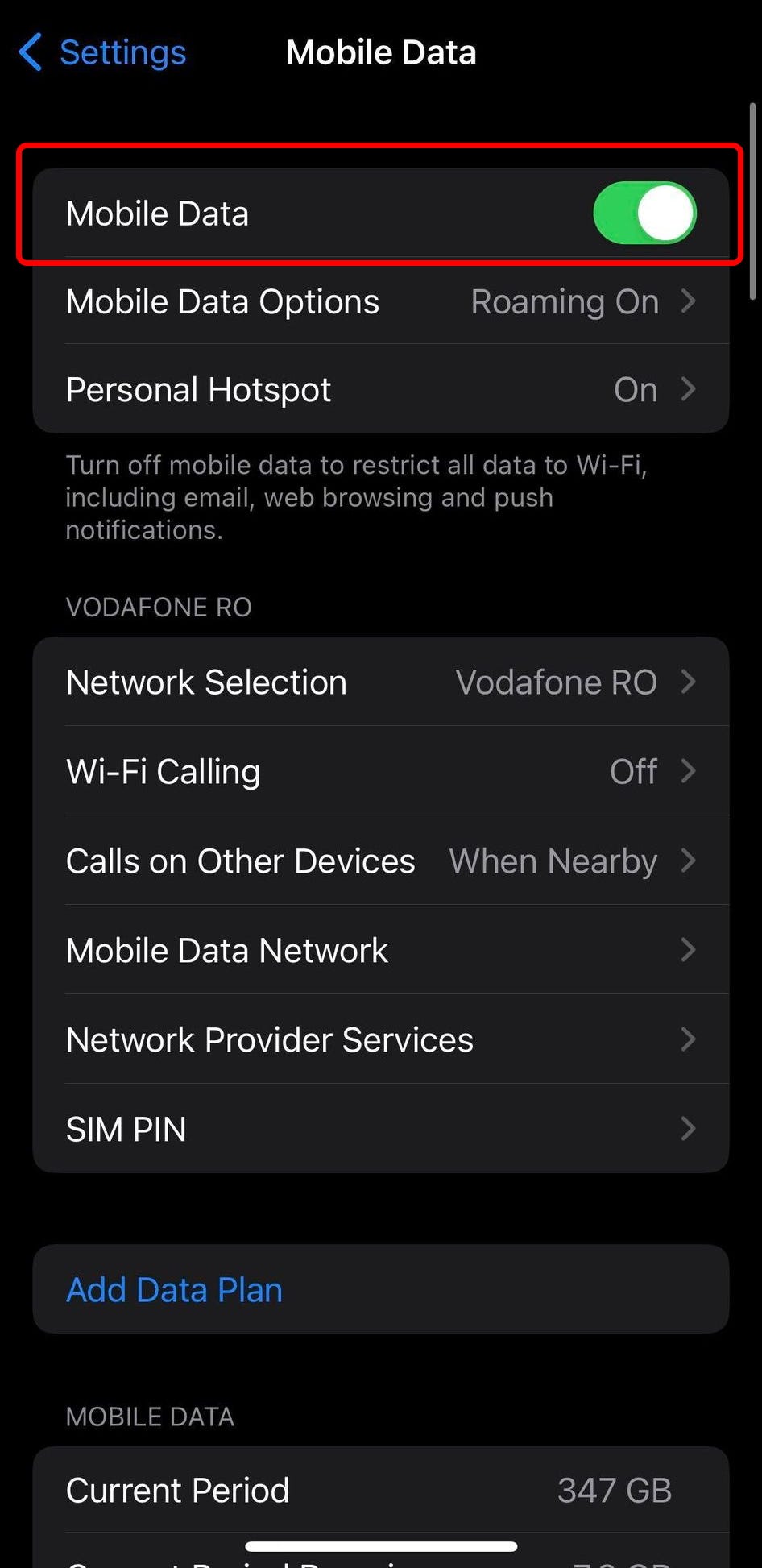 The Mobile Data settings on iPhone, with the toggle next to “Mobile Data” highlighted.