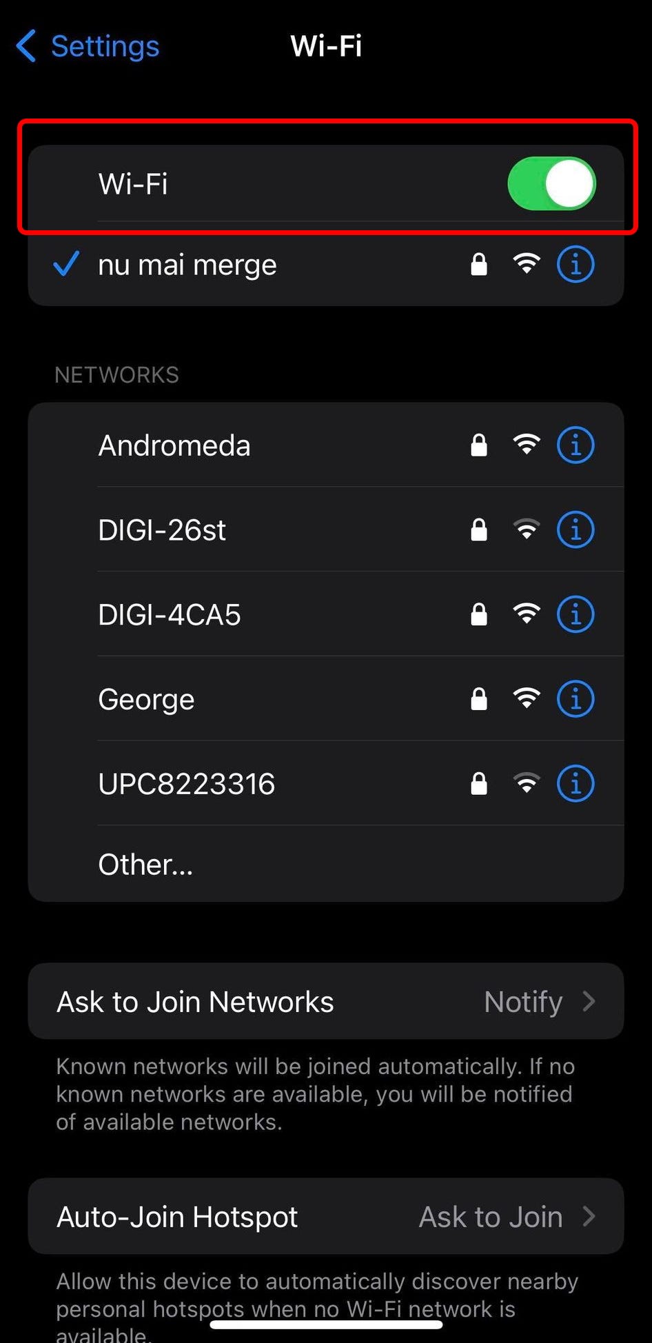 The Wi-Fi settings on iPhone, with the toggle next to “Wi-Fi” highlighted.