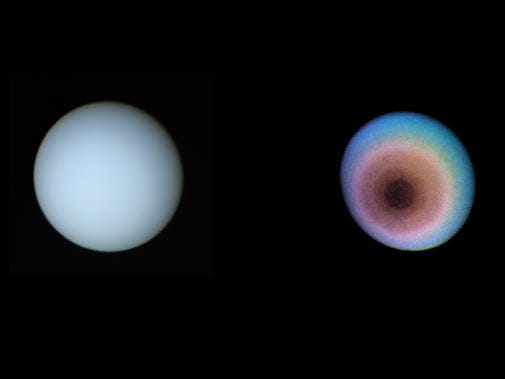 Neptune, seen in true and false color by Voyager.
