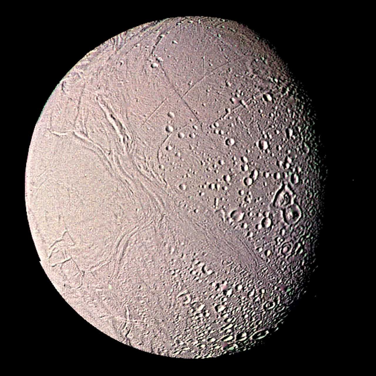 Encheladus, Saturn's moon, seen in unprecedented detail by Voyager.