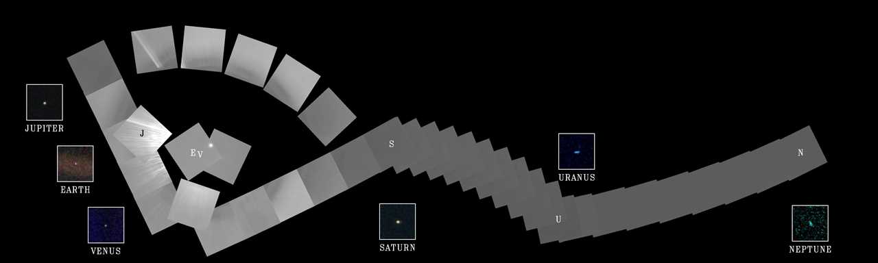 Voyager 1's solar system portrait, made up of 60 images taken from 4 billion miles away.