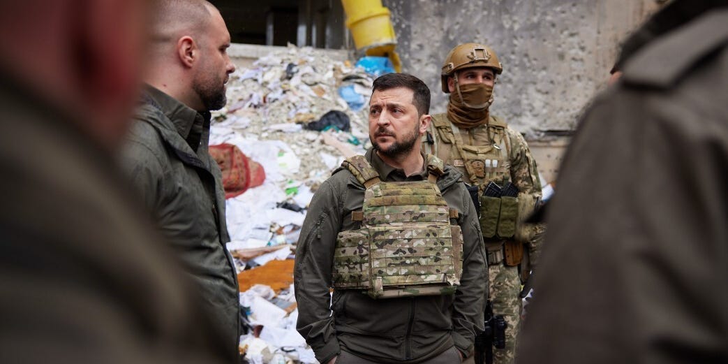 KHARKIV, UKRAINE - MAY 29: (----EDITORIAL USE ONLY â MANDATORY CREDIT - "UKRAINIAN PRESIDENCY / HANDOUT" - NO MARKETING NO ADVERTISING CAMPAIGNS - DISTRIBUTED AS A SERVICE TO CLIENTS----) President of Ukraine Volodymyr Zelenskyy visits the Kharkiv region for the first time since Russia started the attacks against his country on February 24, in Kharkiv region, Ukraine on May 29, 2022. After the investigations on the front line, Zelenskyy visited the houses and other structures destroyed by the clashes in the city of Kharkiv, and held a meeting with the army officials there. (Photo by Ukrainian Presidency/Handout/Anadolu Agency via Getty Images)