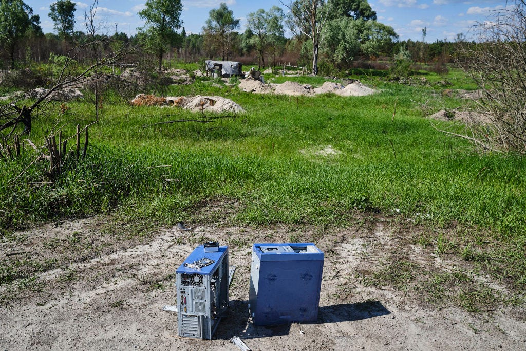 An abandoned computer next to the trenches dug by Russian soldiers in the Red Forest. After Russian troops left Chernobyl, the Ukrainian army has taken control of the site. Radiation levels rose due to earthworks in places such as the well-known Red Forest, where Russian troops dug trenches. Ukraine is not only facing an invader in Chernobyl, it must also fight an invisible enemy, radiation. (