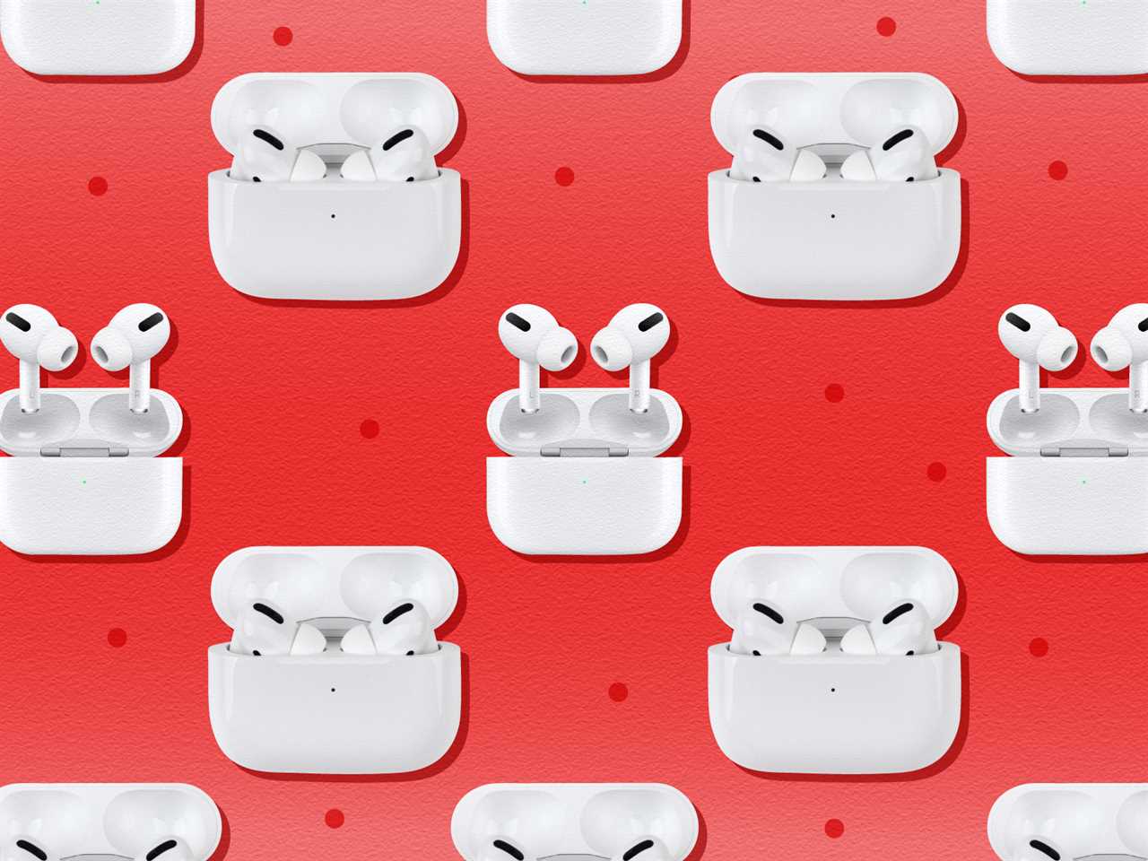 Collage of airpods pro on red background