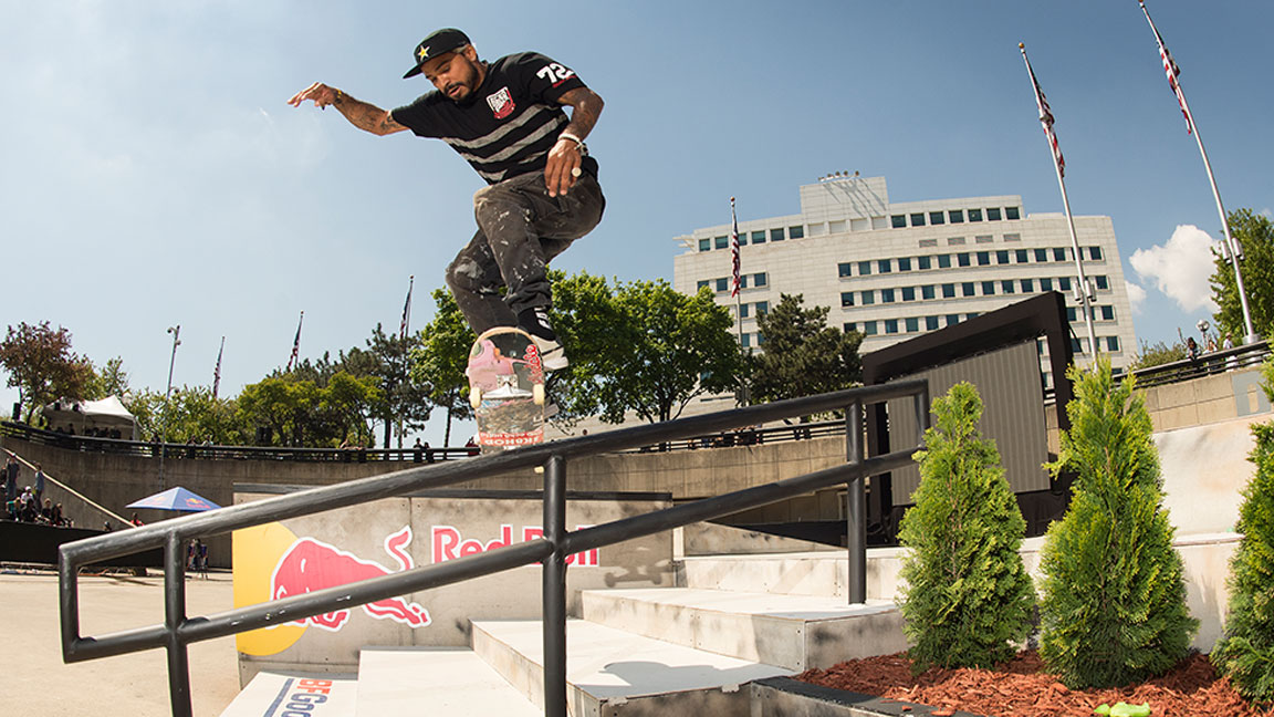 Manny Santiago performs a 360 Shuv It Boardslide at Red Bull Hart Lines, held at Hart Plaza in Detroit, MI, USA on 13 May, 2017.