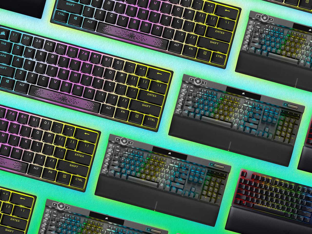Pattern of best gaming keyboards, including Corsair K65 RGB Mini, Razer Huntsman V2 Analog and Corsair K100 RGB