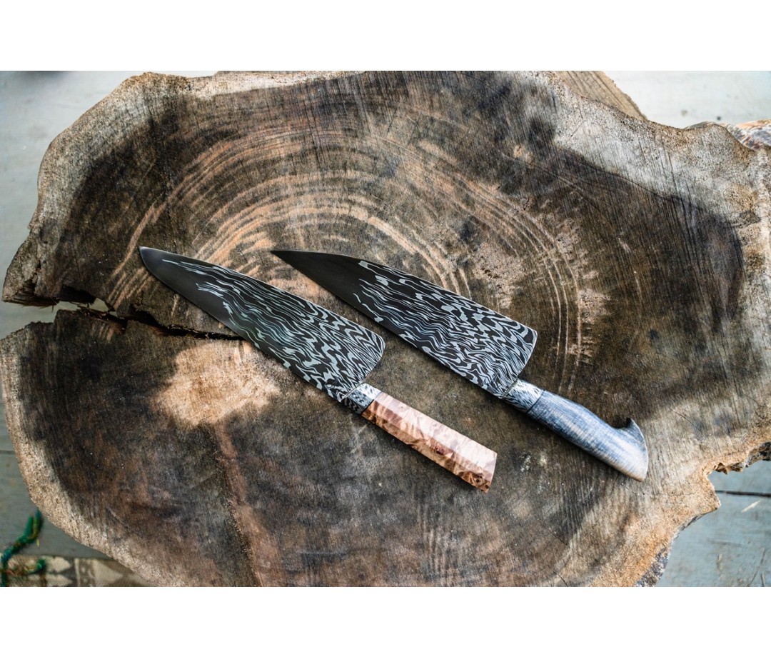 Neil Kamimura’s mosaic pattern-welded Damascus chef knives with exotic stabilized wood handles.