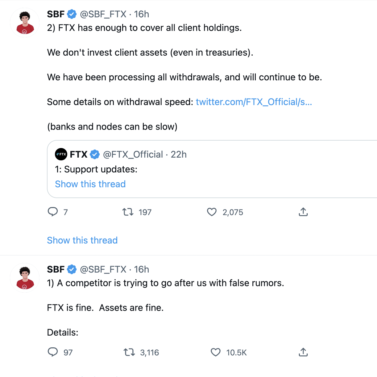 A screenshot captured Tuesday, November 8, of Sam Bankman-Fried's tweets about FTX and Binance.