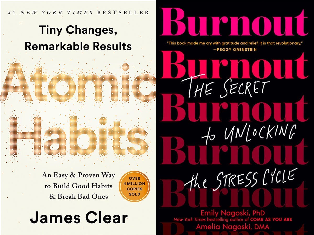 Collage of “Atomic Habits” by James Clear and “Burnout” by Emily Nagoski and Amelia Nagoski book covers.