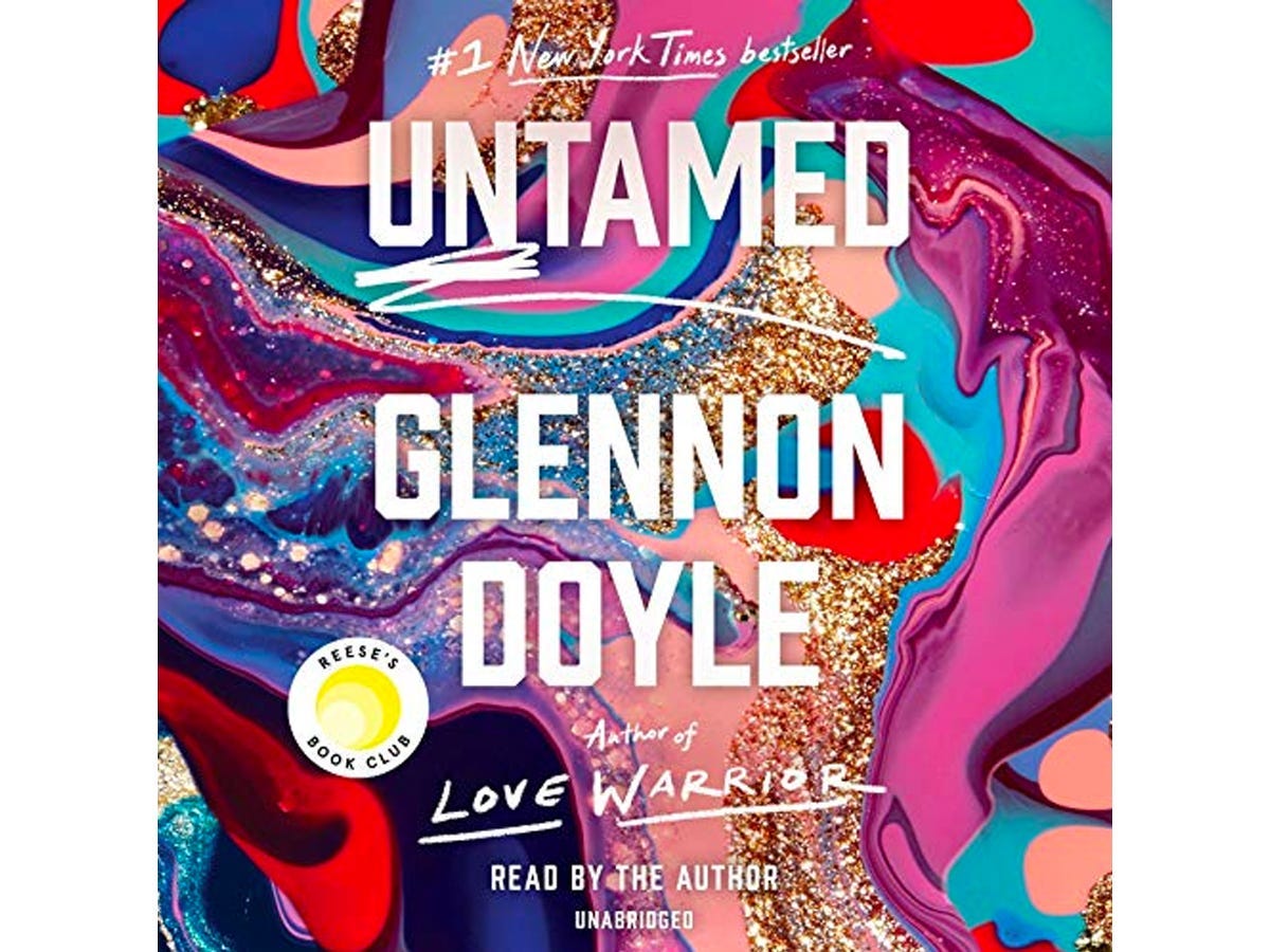 Audiobook cover of “Untamed” by Glennon Doyle displaying a swirl of different colored paints and glitters