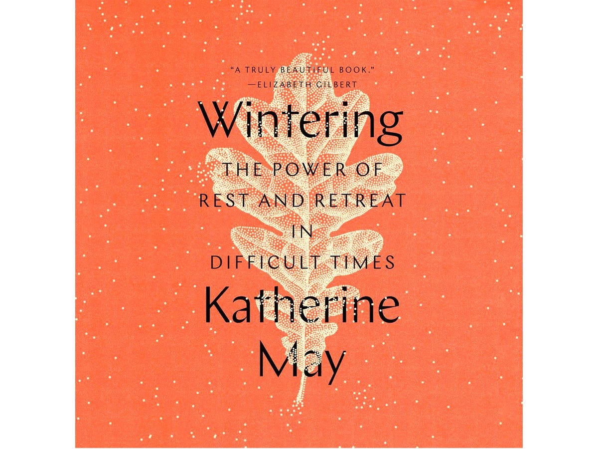 “Wintering: The Power of Rest and Retreat in Difficult Times” by Katherine May audiobook cover depicting an illustration of a leaf on an orange background