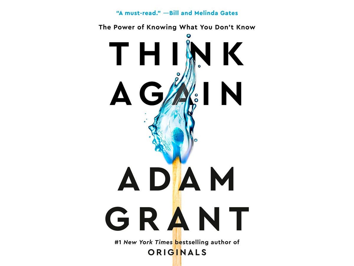 "Think Again" by Adam Grant audiobook cover with an image of match with a flame shaped pool of water coming out of the match head