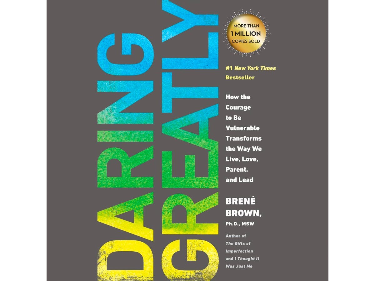 "Daring Greatly" by Brené Brown audiobook cover featuring the title vertically oriented in a gradient font of yellow, green, and blue.