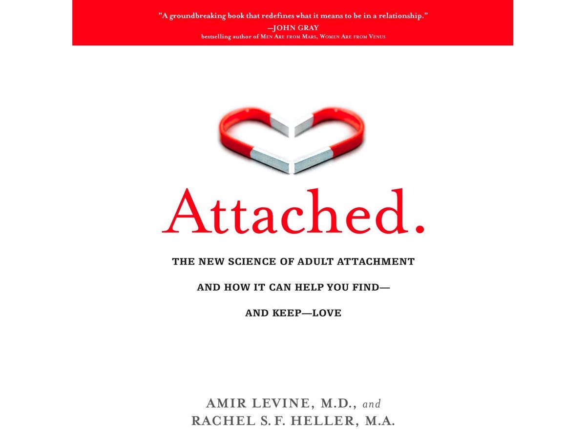 “Attached” by Amir Levine and Rachel Heller audiobook cover, featuring an illustration of two U-shaped magnets connected in a heart.