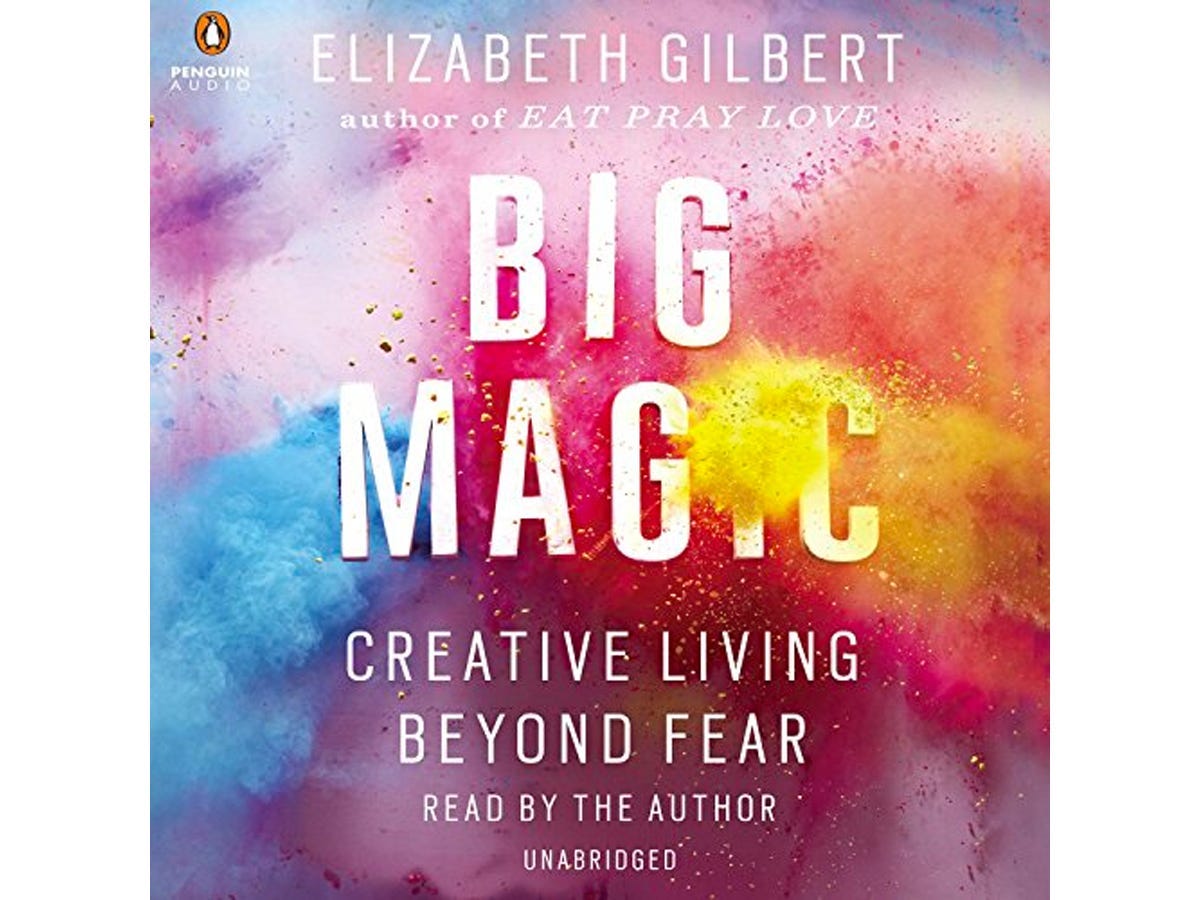 "Big Magic" by Elizabeth Gilbert audiobook cover, featuring an image of various colored chalks being thrown.