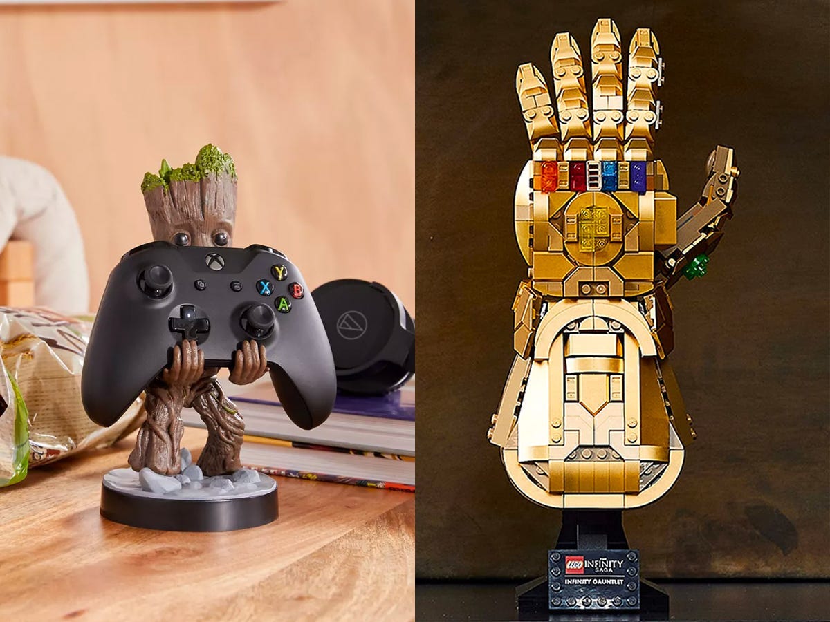side by side image collage with a "Guardians of the Galaxy" Groot shaped device holder with a video game controller in it on the left and a Lego Infinity Gauntlet on the right.