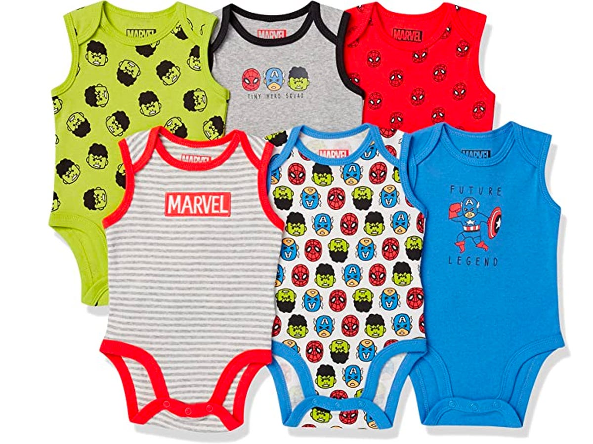 6 baby onesis with different Marvel characters